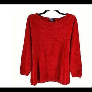 Karen Scott Women Sweater Classic Red Chenille Mixed Knit Boat Neck